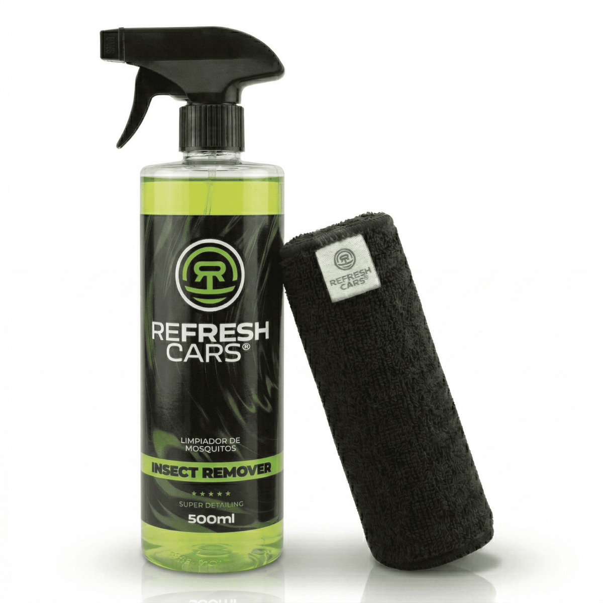 Nettoyant anti-moustiques Refresh Cars 500ml en spray à côté d'un chiffon microfibre noir