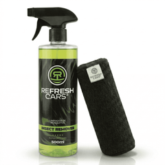 Nettoyant anti-moustiques Refresh Cars 500ml en spray à côté d'un chiffon microfibre noir