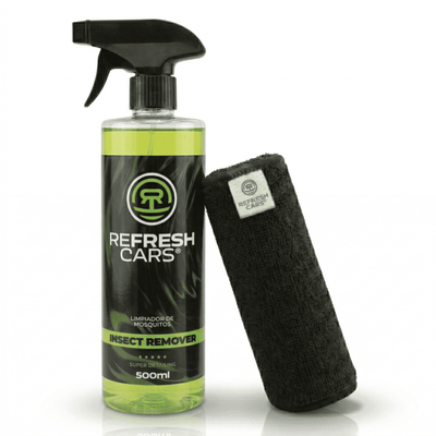 Limpiador de mosquitos Refresh Cars 500ml en bote spray junto a paño de microfibra negro
