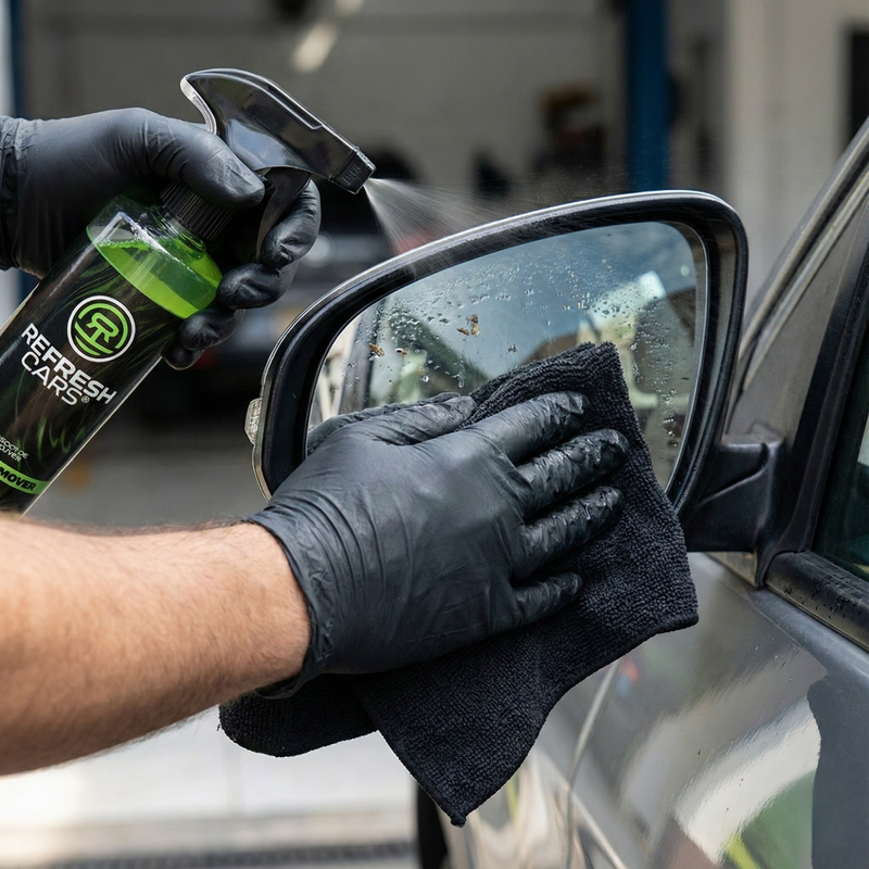 Limpiador de mosquitos Refresh Cars aplicado sobre el retrovisor de un coche negro y secado con microfibra