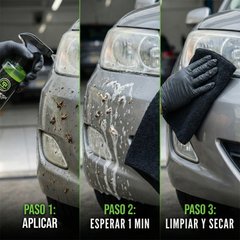 Nettoyant anti-moustiques Refresh Cars en 3 étapes : appliquer, attendre 1 min et nettoyer le pare-chocs