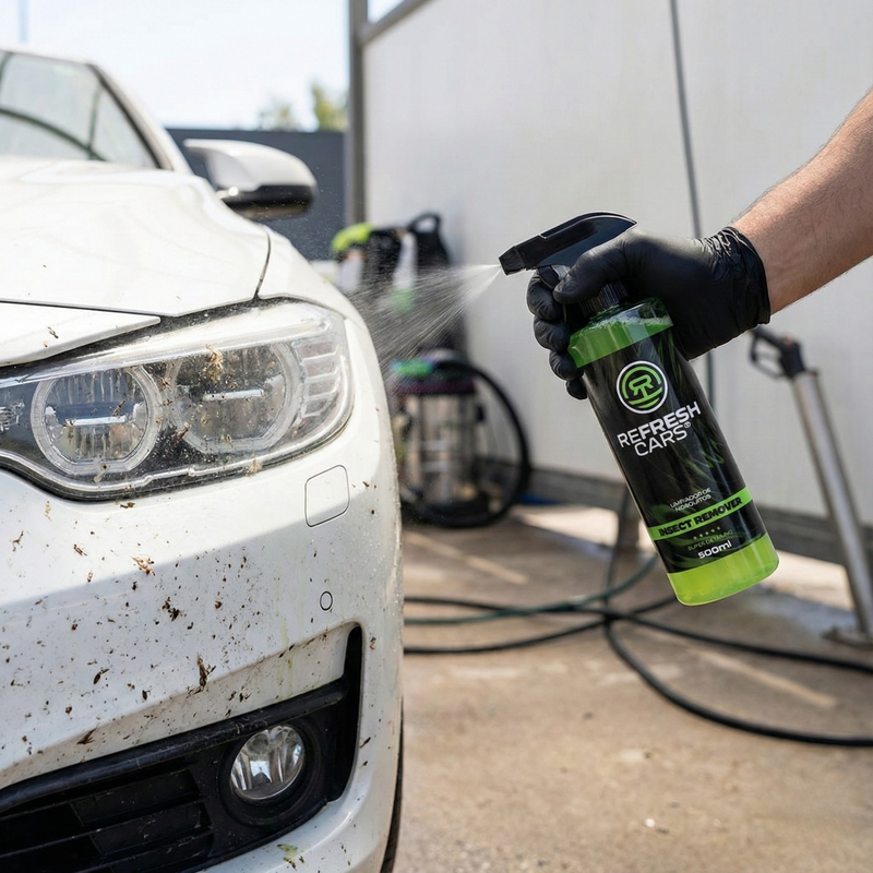 Limpiador de mosquitos Refresh Cars pulverizado sobre el faro de un coche blanco lleno de insectos