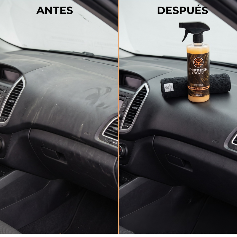 Limpiador de salpicaderos Refresh Cars: antes y después del salpicadero del coche con brillo
