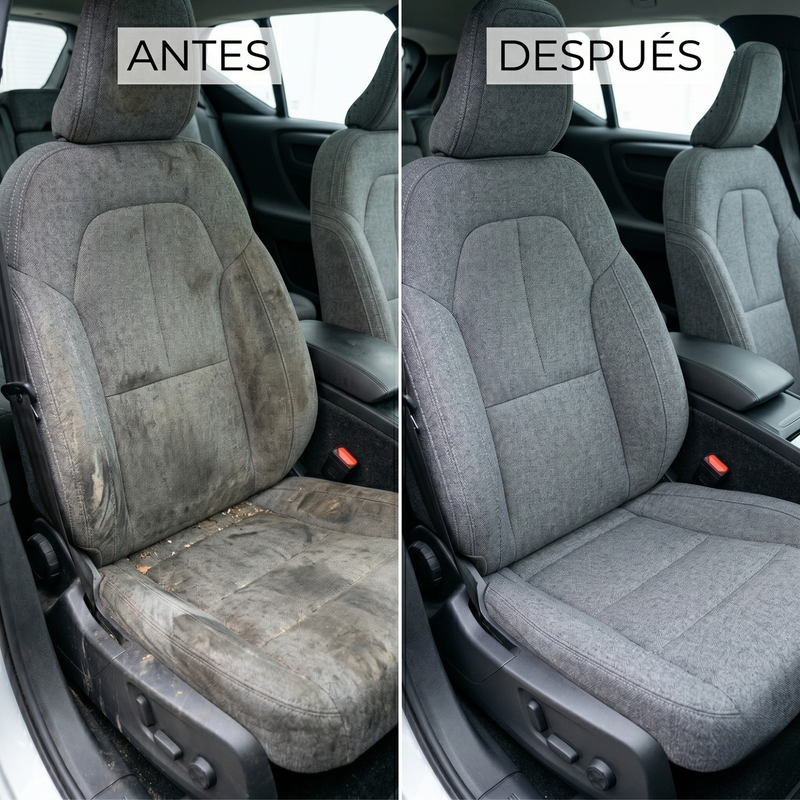 Limpiador de tapicerías Refresh Cars: antes y después en asiento de coche sucio