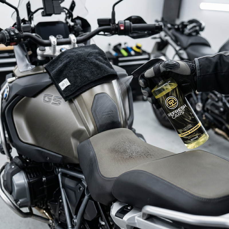 Limpiador de tapicerías Refresh Cars aplicado sobre asiento de moto BMW GS