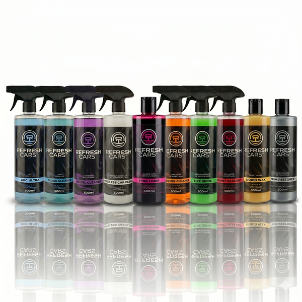 Pack a elegir de 10 productos de detailing Refresh Cars en spray 500ml para limpieza interior y exterior del coche
