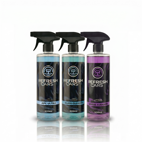 Pack a elegir de 3 productos de detailing Refresh Cars: APC, limpiacristales y limpiallantas de 500ml