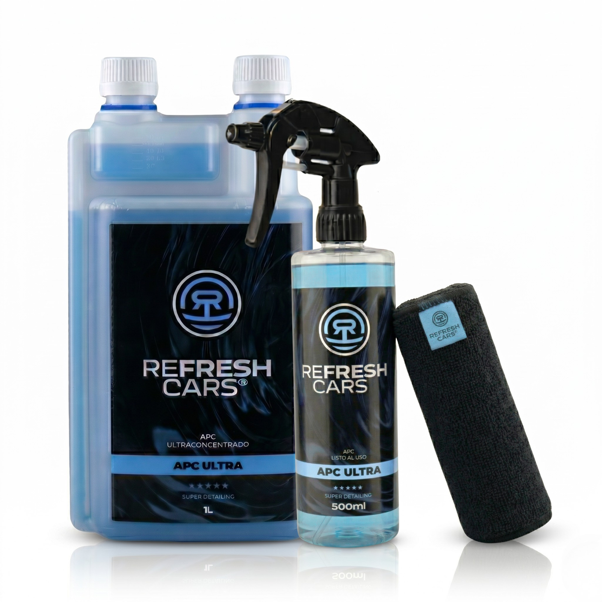 Pack nettoyant APC ultraconcentré Refresh Cars : flacon 1L, spray 500ml prêt à l'emploi et microfibre