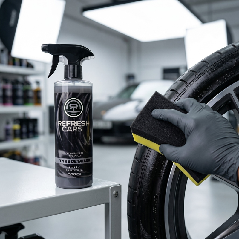 Recuperador de neumáticos Refresh Cars 500ml y esponja aplicando brillo a rueda en estudio