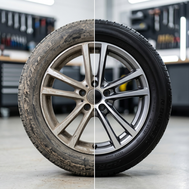 Recuperador de neumáticos Refresh Cars: antes y después de rueda mate frente a goma negra brillante