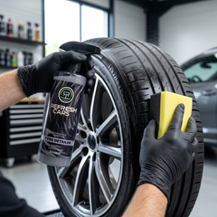 Recuperador de neumáticos Refresh Cars pulverizado y extendido con esponja sobre neumático