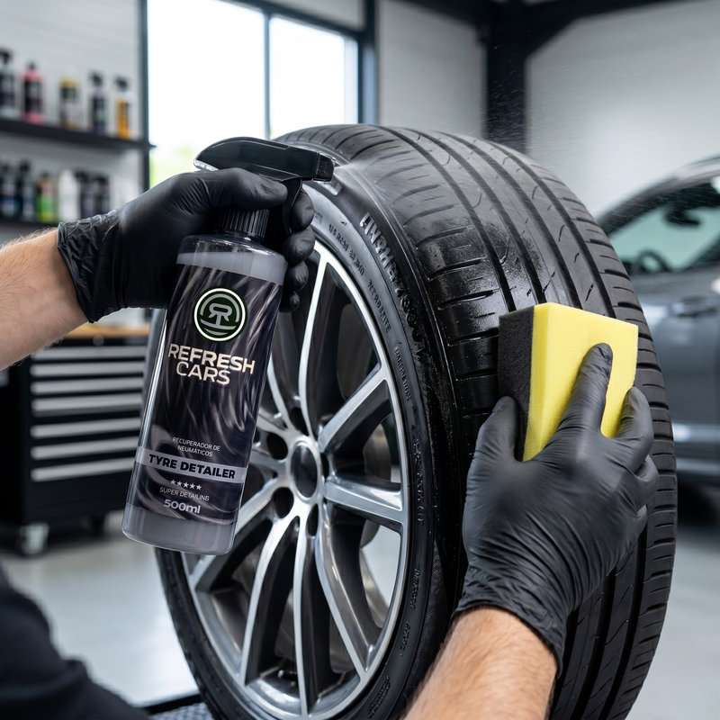 Recuperador de neumáticos Refresh Cars pulverizado y extendido con esponja sobre neumático