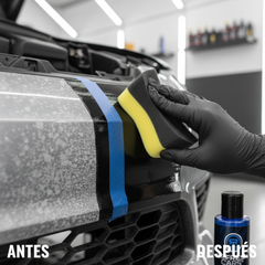 Renovador de plásticos Refresh Cars antes y después en el frontal del coche, plástico recuperado con esponja