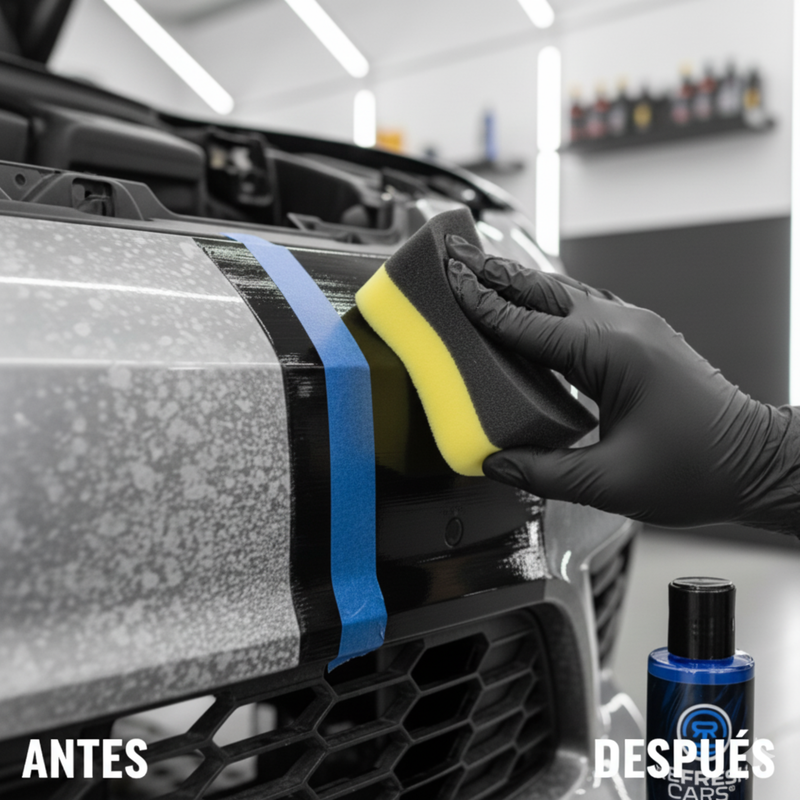 Renovador de plásticos Refresh Cars antes y después en el frontal del coche, plástico recuperado con esponja
