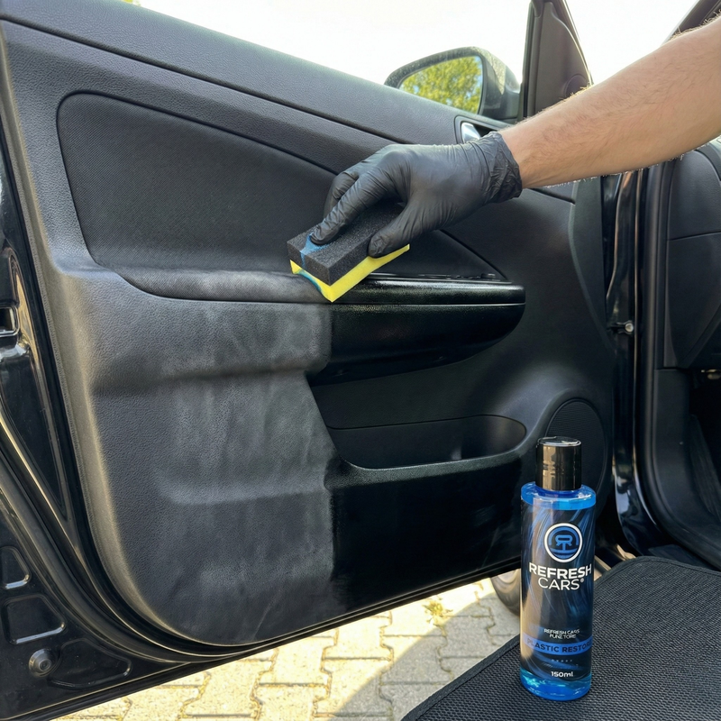 Renovador de plásticos Refresh Cars aplicado con esponja sobre el panel negro de la puerta interior del coche